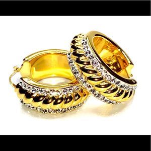 Double Crystal 14K Yellow Gold Round Hoop Earrings